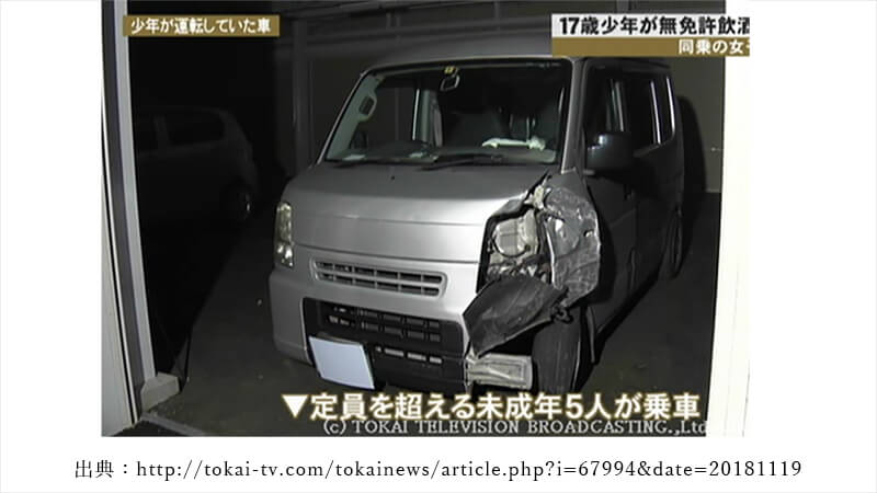 定員上回る5人乗り…無免許飲酒運転の17歳少年の軽 車列に追突して横転 女子中学生重傷