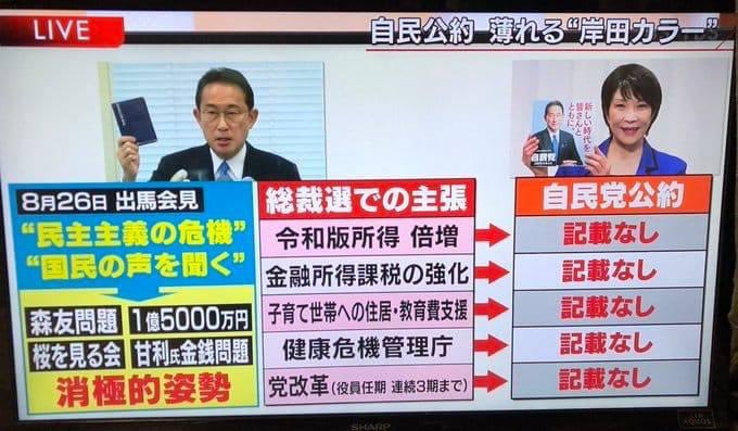 岸田総理　総裁選での主張　自民党公約　記載なし