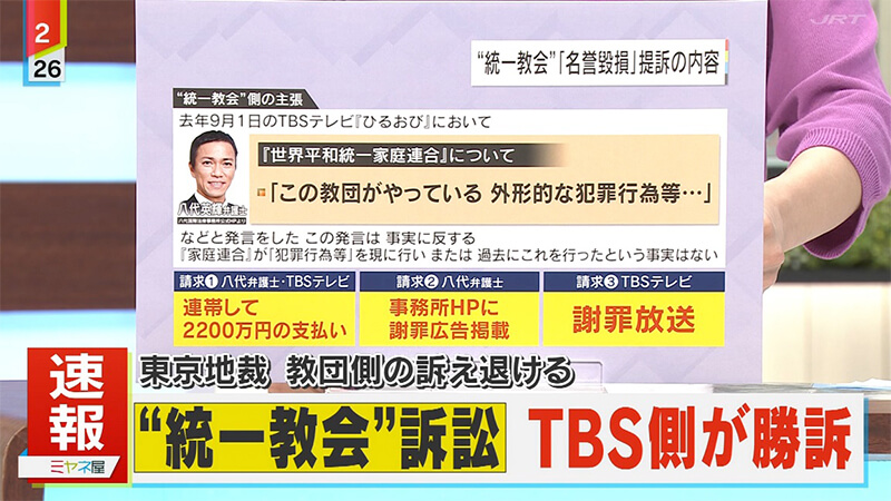 統一教会　敗訴　TBS報道